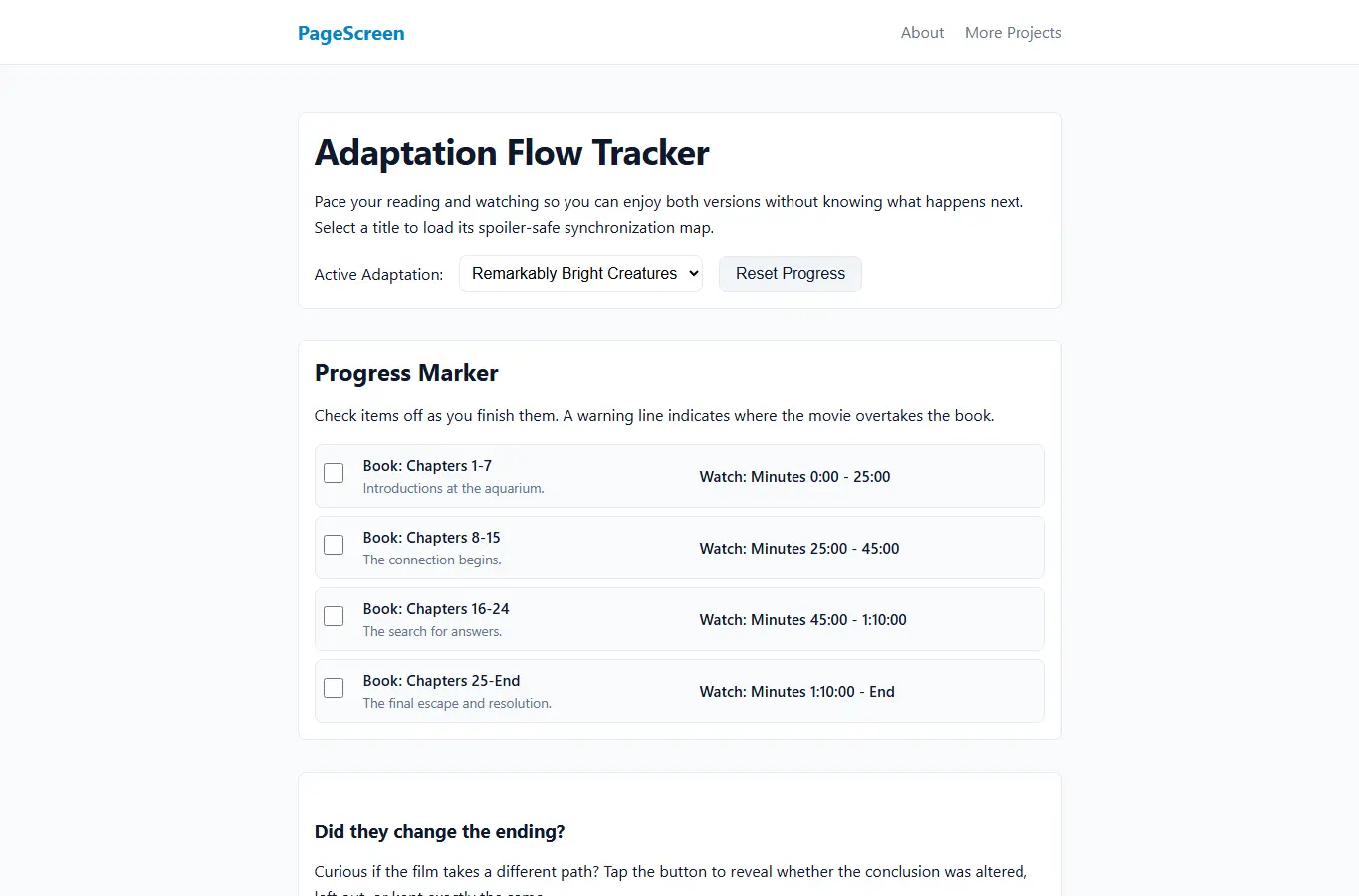 Screenshot of PageScreen: Adaptation Flow Tracker interface showing the project page in use